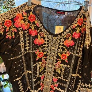 Johnny Was Black Top with Pink and Orange Carnation Embroidery
